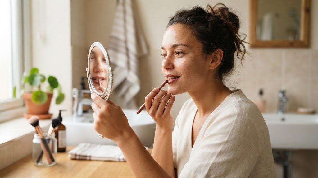 Woman applying lip liner during makeup routine