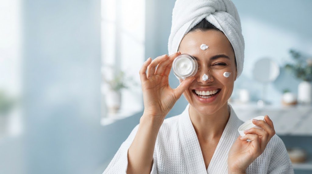Woman smiling while applying face cream during a skincare routine